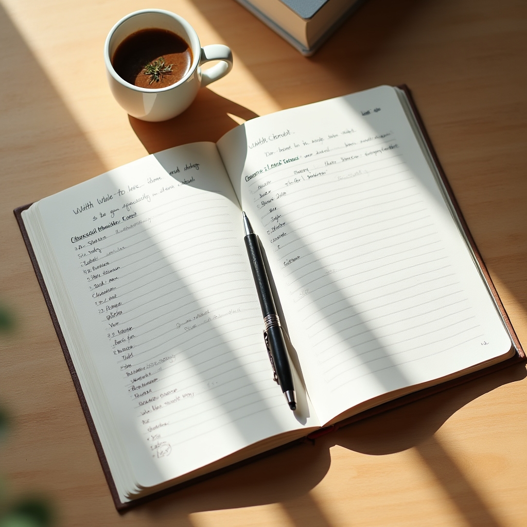 Open course workbook on a clean desk with a pen and coffee cup beside it