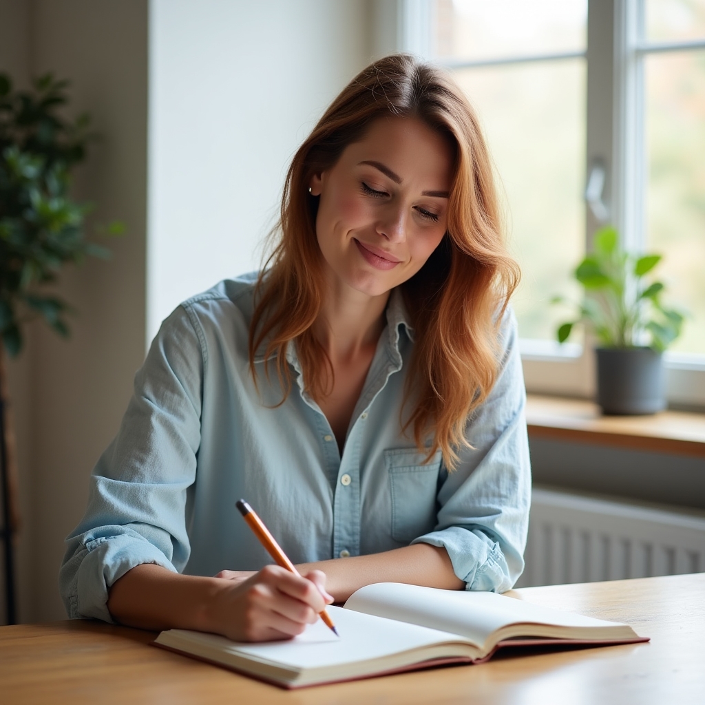 Person writing in a journal at a bright window, thoughtful expression, natural light