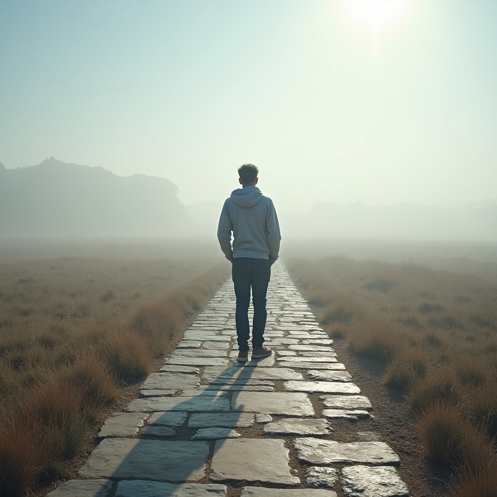 Person at the beginning of a long path through open landscape, seen from behind, morning light