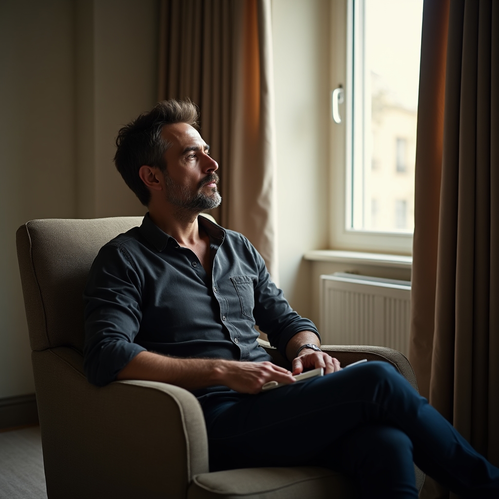Person sitting quietly by a large window in soft morning light, in a moment of calm reflection