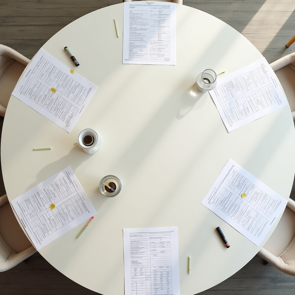 Clean desk with a structured planning document, notebook and organised materials in natural light
